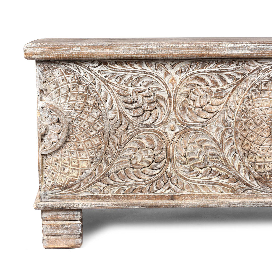 Corner Detail From Carved Blanket Chest Made From Old Teak Wood | Indigo Antiques