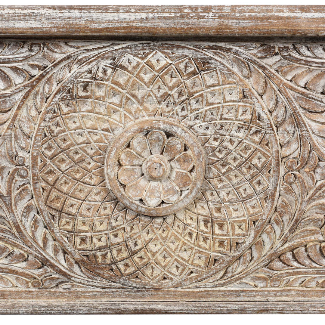 Carving Detail From Carved Blanket Chest Made From Old Teak Wood | Indigo Antiques