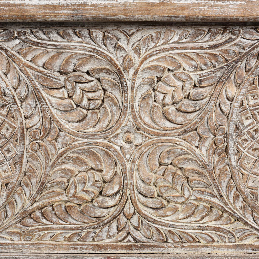 Carving Detail From Carved Blanket Chest Made From Old Teak Wood | Indigo Antiques