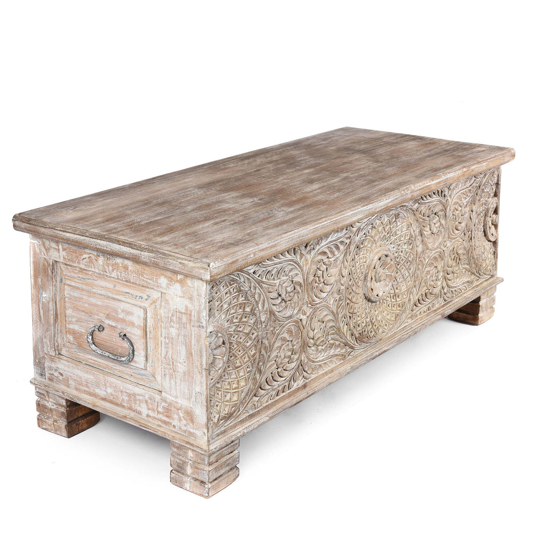 Angled View Of Carved Blanket Chest Made From Old Teak Wood | Indigo Antiques