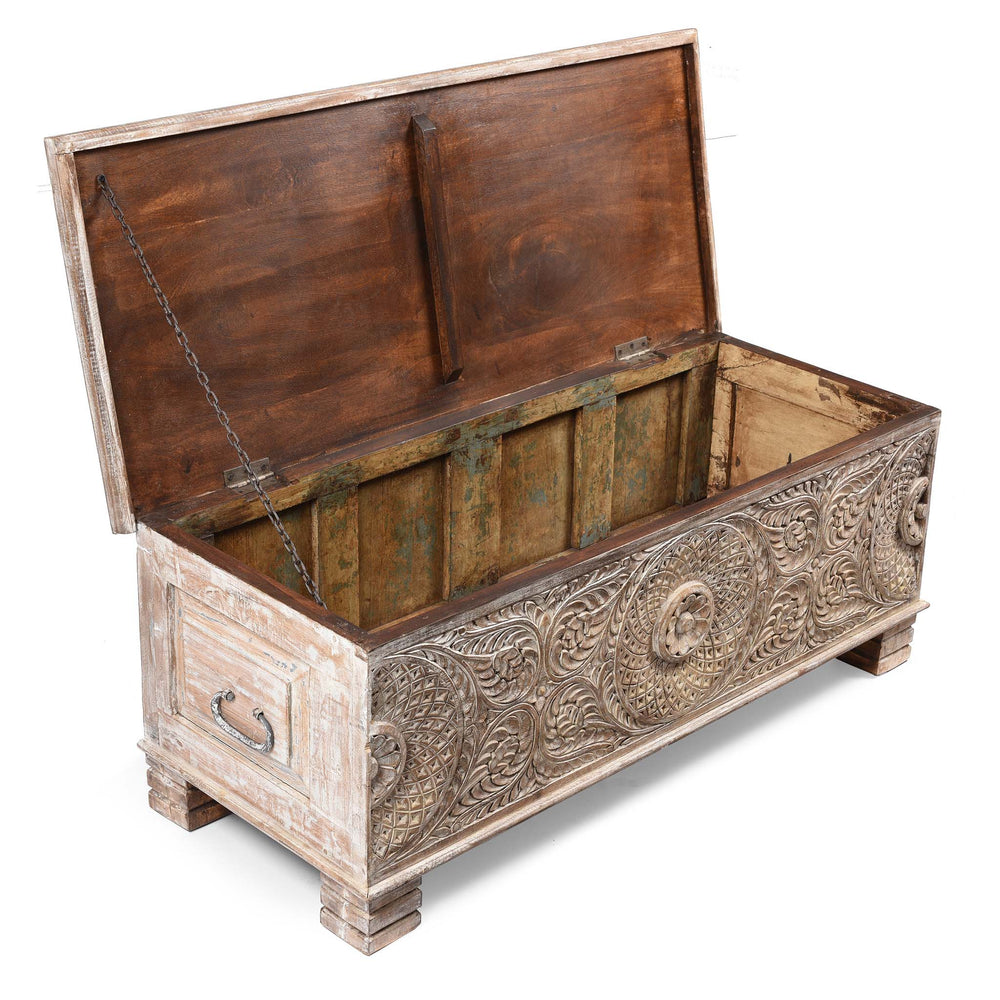 Open Lid View Of Carved Blanket Chest Made From Old Teak Wood | Indigo Antiques