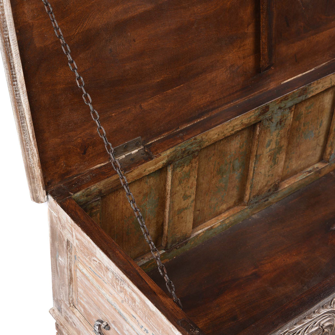 Chain Detail From Carved Blanket Chest Made From Old Teak Wood | Indigo Antiques