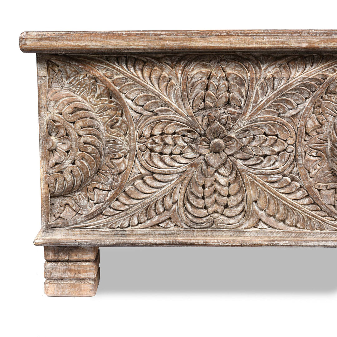 Corner Detail Of Carved Blanket Chest Made From Reclaimed Painted Teak | Indigo Antiques