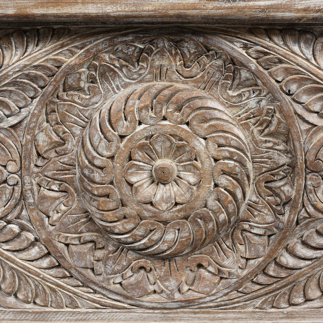Carving Detail From Carved Blanket Chest Made From Reclaimed Painted Teak | Indigo Antiques