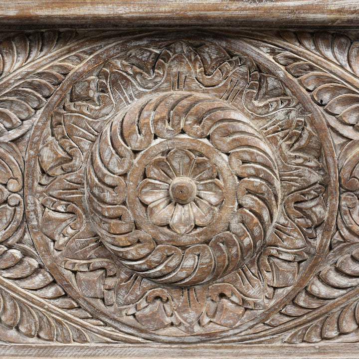 Carving Detail From Carved Blanket Chest Made From Reclaimed Painted Teak | Indigo Antiques