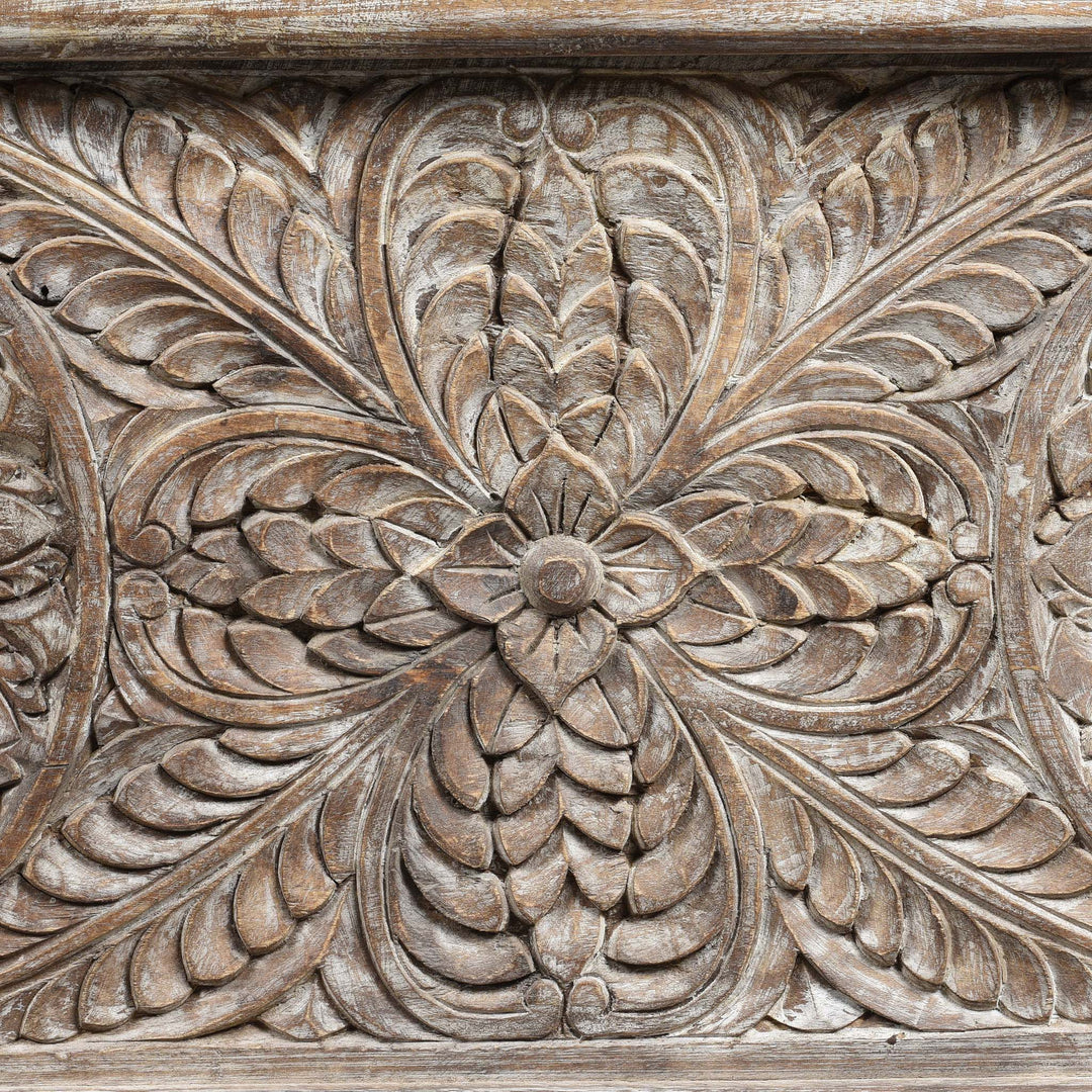 Carving Detail From Carved Blanket Chest Made From Reclaimed Painted Teak | Indigo Antiques