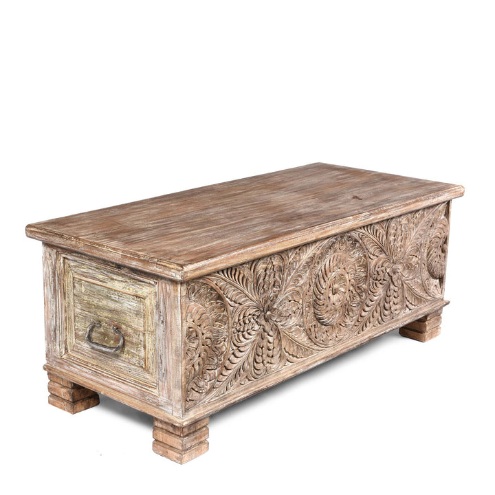 Angled View Of Carved Blanket Chest Made From Reclaimed Painted Teak | Indigo Antiques