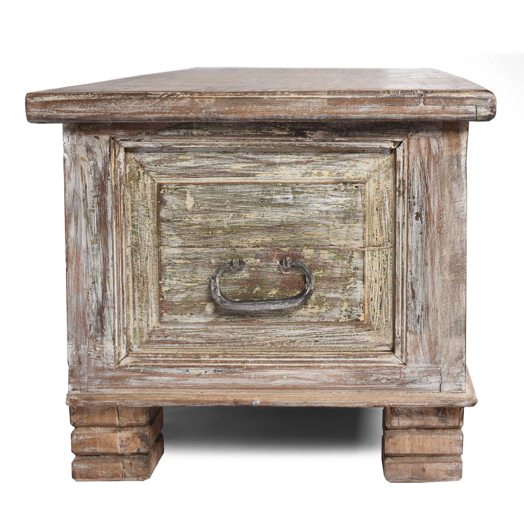 Side View Of Carved Blanket Chest Made From Reclaimed Painted Teak | Indigo Antiques