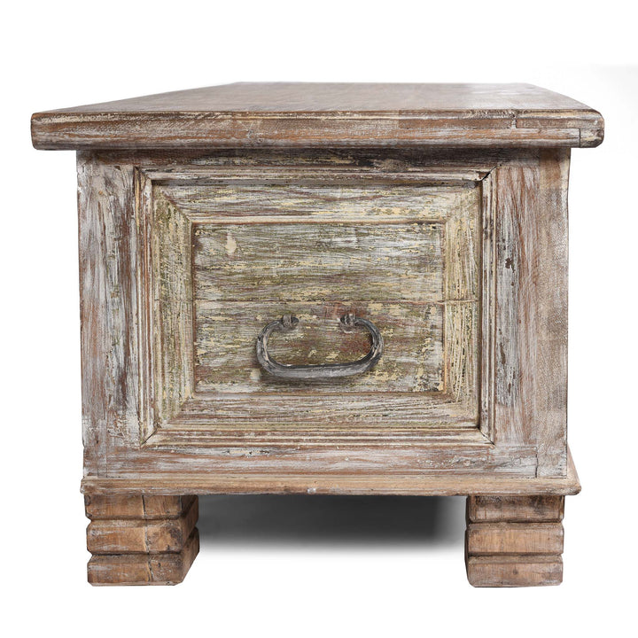 Side View Of Carved Blanket Chest Made From Reclaimed Painted Teak | Indigo Antiques