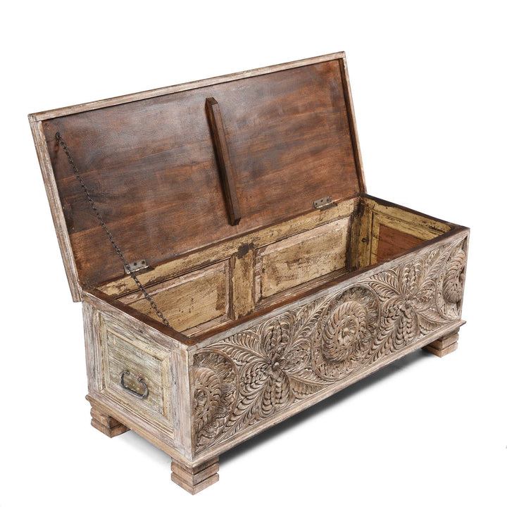 Open Lid View Of  Carved Blanket Chest Made From Reclaimed Painted Teak | Indigo Antiques