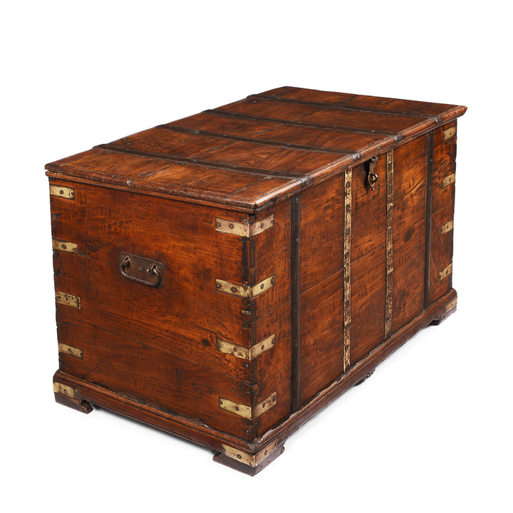 Angled View Of Brass Bound Teak Indian Military Chest From Rajasthan -19thC | INDIGO ANTIQUES