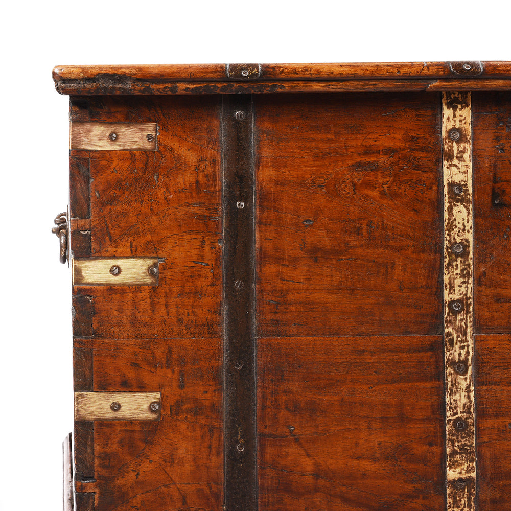 Corner Of Brass Bound Teak Indian Military Chest From Rajasthan -19thC | INDIGO ANTIQUES