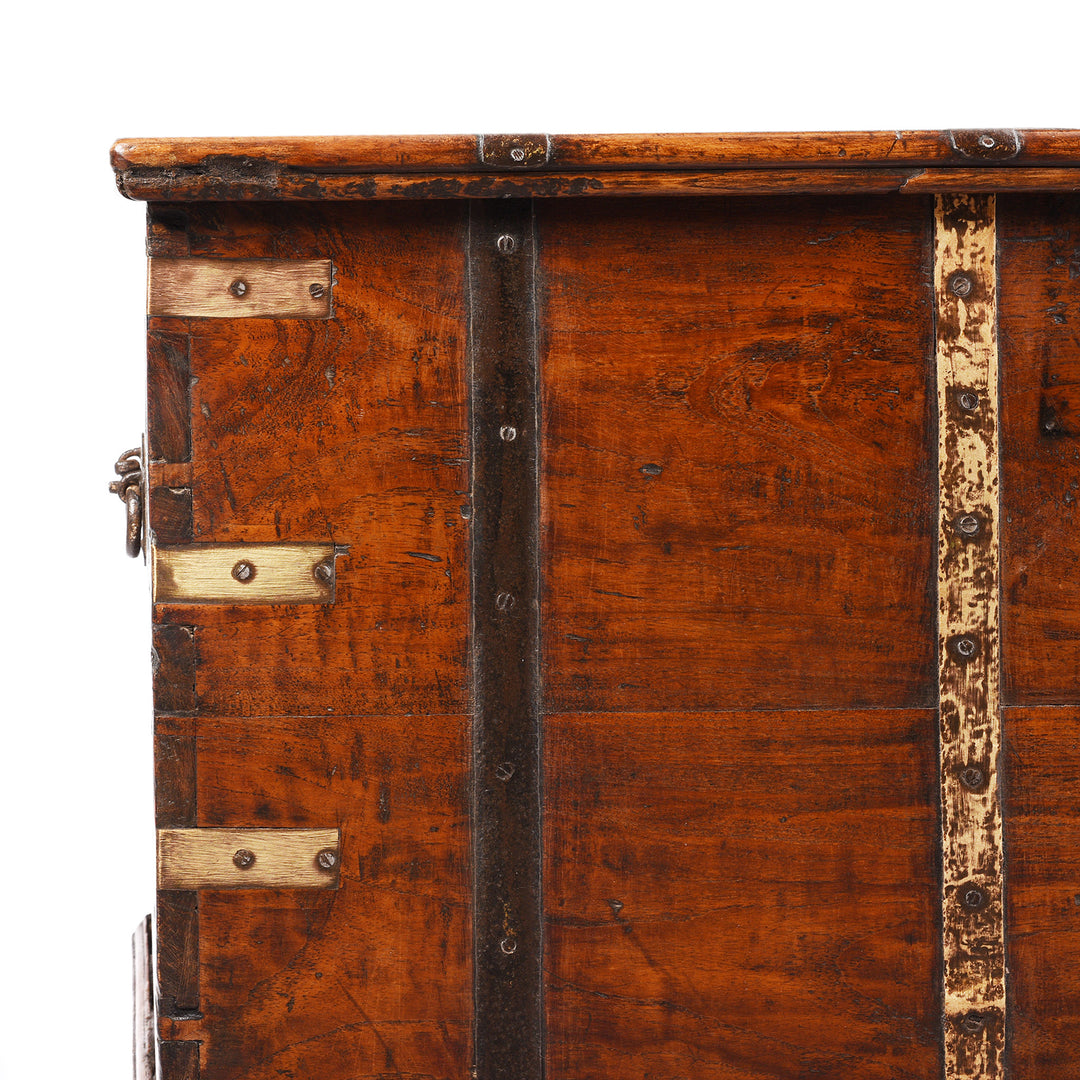 Corner Of Brass Bound Teak Indian Military Chest From Rajasthan -19thC | INDIGO ANTIQUES