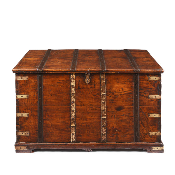 Brass Bound Teak Chest From Rajasthan - 19thC
