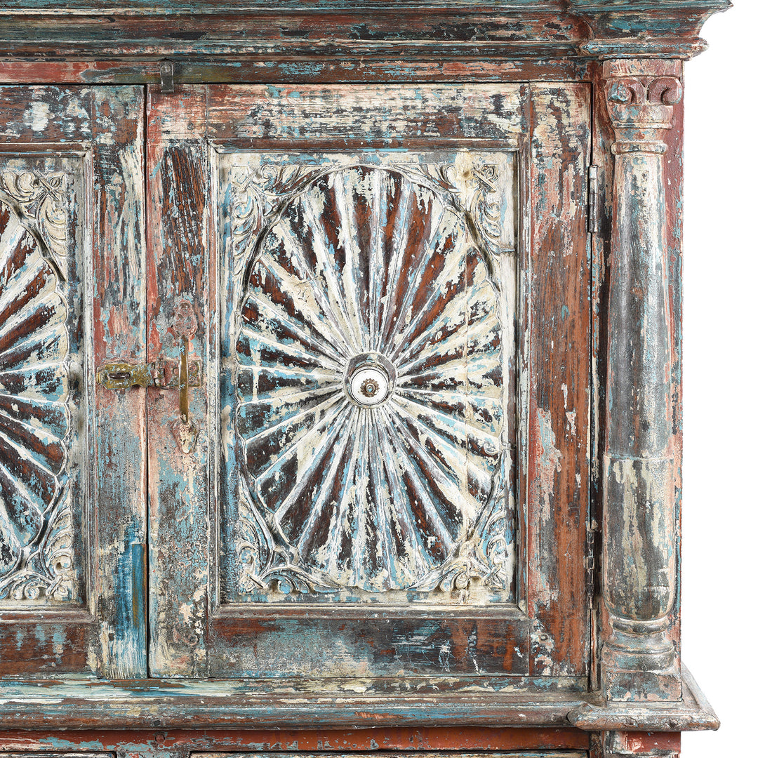 Starburst Detail From Antique Painted Almirah Indian Cabinet From Gujarat - 19thC | Indigo Antiques