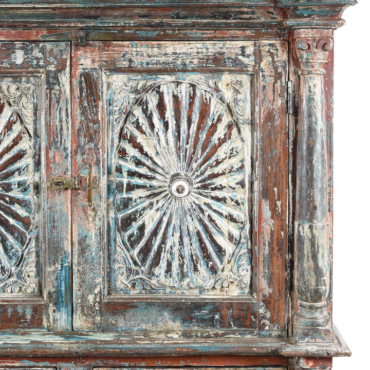 Starburst Detail From Antique Painted Almirah Indian Cabinet From Gujarat - 19thC | Indigo Antiques