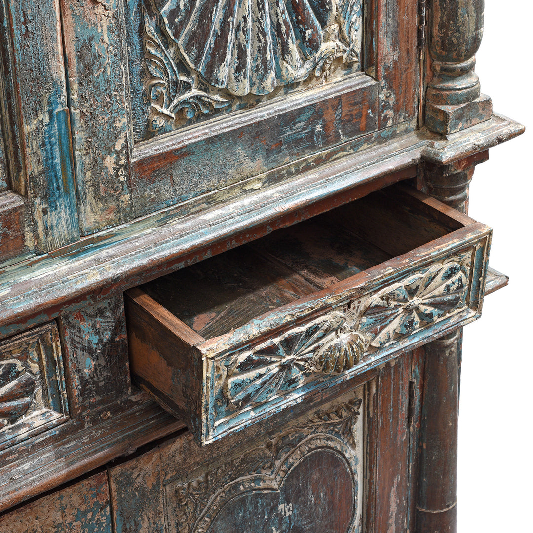 Open Drawer Detail From Antique Painted Almirah Indian Cabinet From Gujarat - 19thC | Indigo Antiques