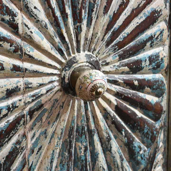 Ceramic Knob Detail From Antique Painted Almirah Indian Cabinet From Gujarat - 19thC | Indigo Antiques