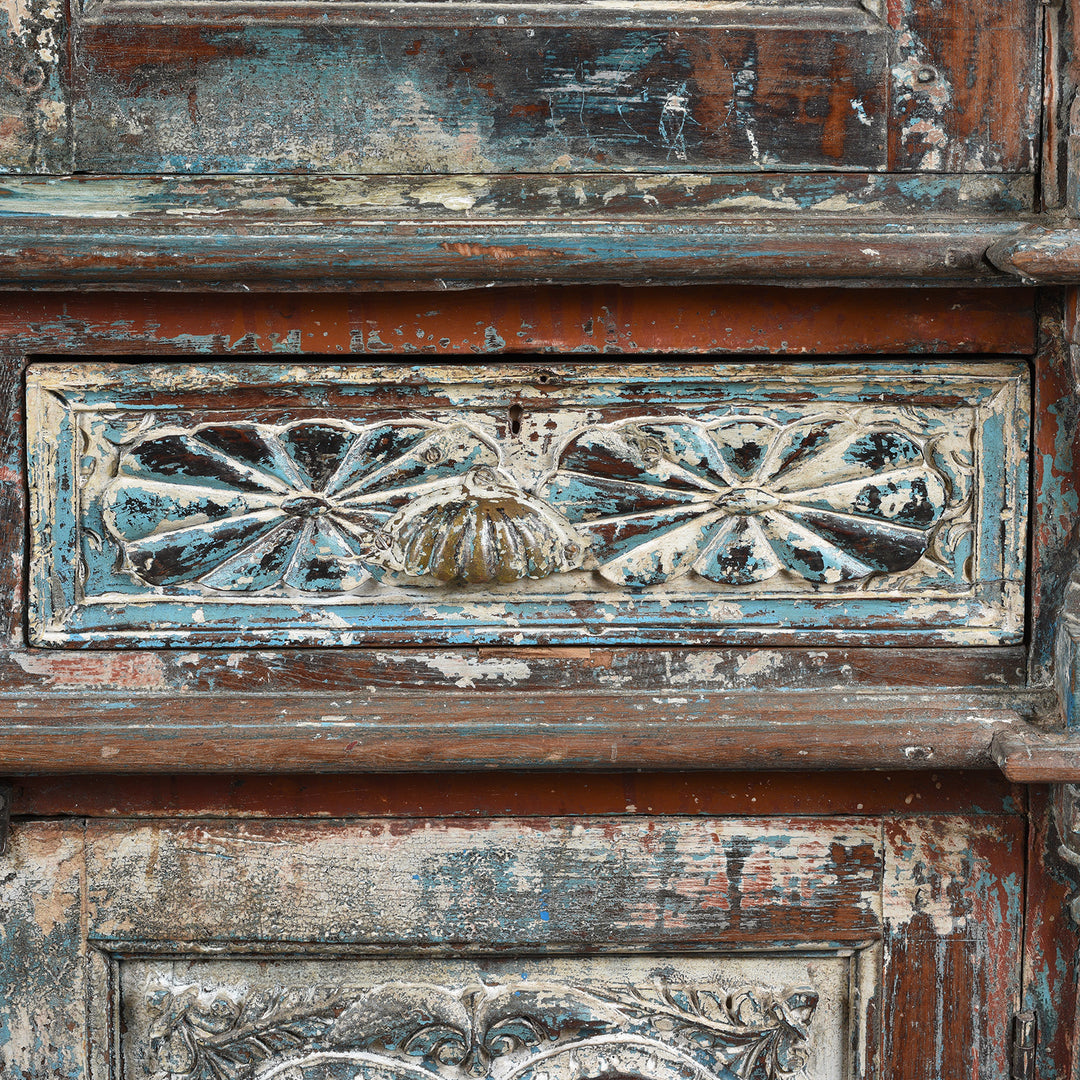 Drawer Detail From Antique Painted Almirah Indian Cabinet From Gujarat - 19thC | Indigo Antiques