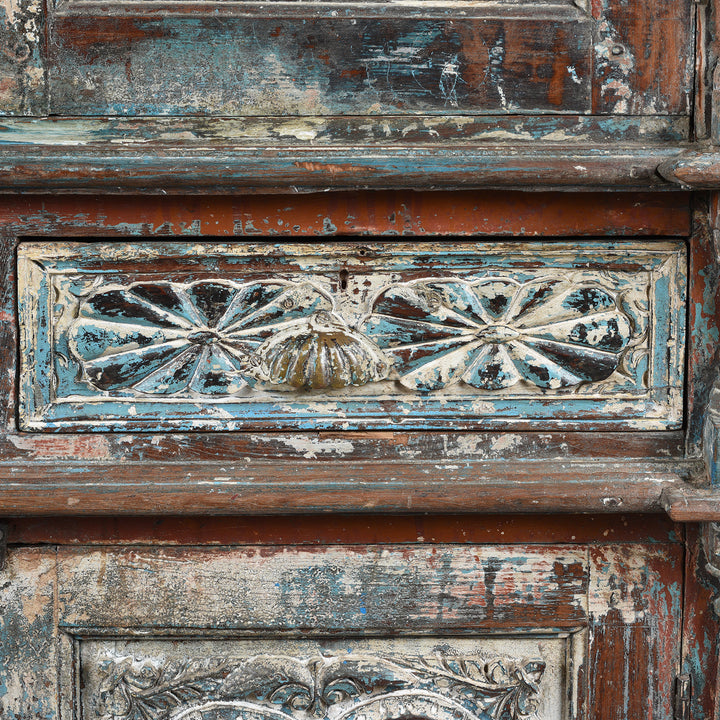 Drawer Detail From Antique Painted Almirah Indian Cabinet From Gujarat - 19thC | Indigo Antiques