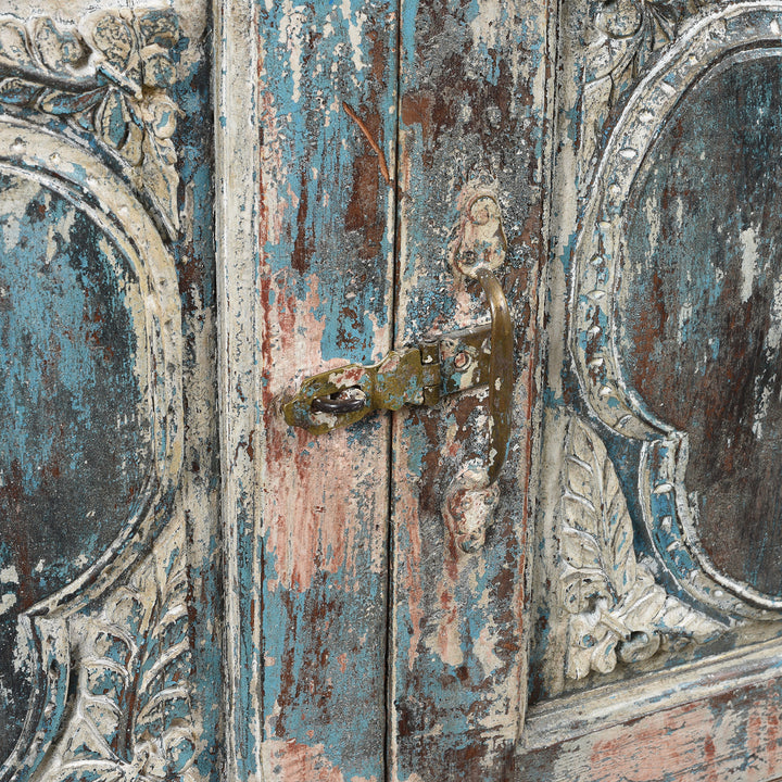 Latch Detail From Antique Painted Almirah Indian Cabinet From Gujarat - 19thC | Indigo Antiques