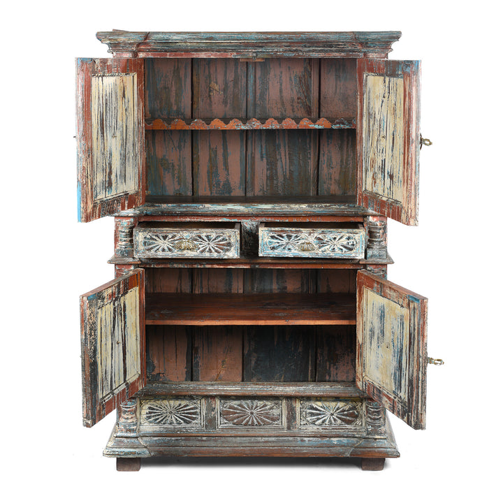 Open Doors Detail From Antique Painted Almirah Indian Cabinet From Gujarat - 19thC | Indigo Antiques