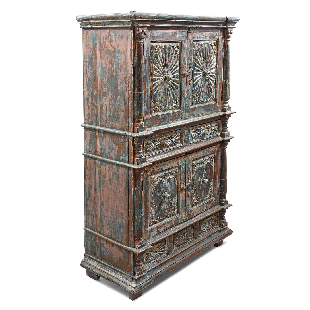 Angled View Of Antique Painted Almirah Indian Cabinet From Gujarat - 19thC | Indigo Antiques