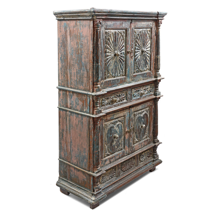 Angled View Of Antique Painted Almirah Indian Cabinet From Gujarat - 19thC | Indigo Antiques