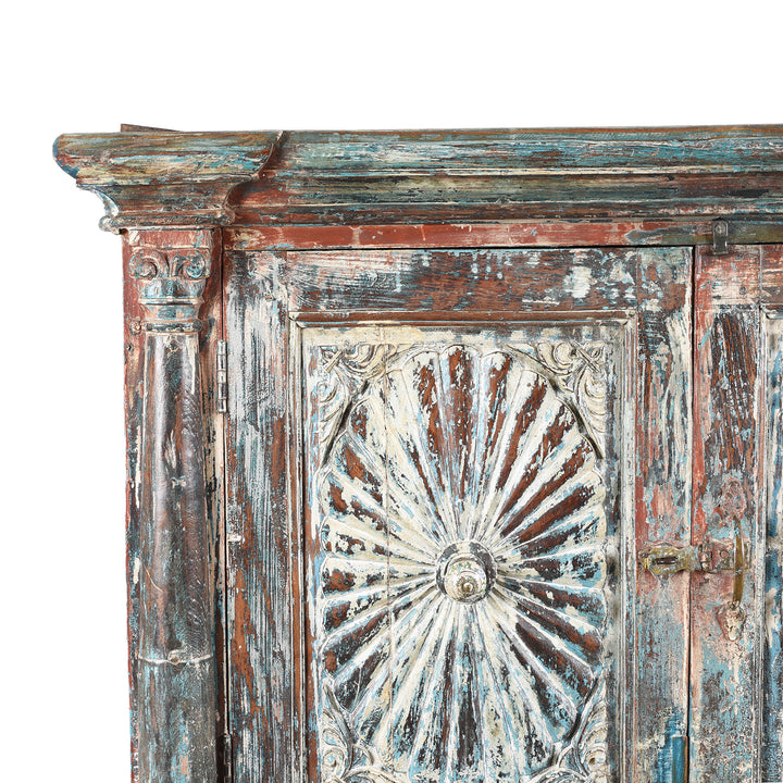 Corner Detail From Antique Painted Almirah Indian Cabinet From Gujarat - 19thC | Indigo Antiques
