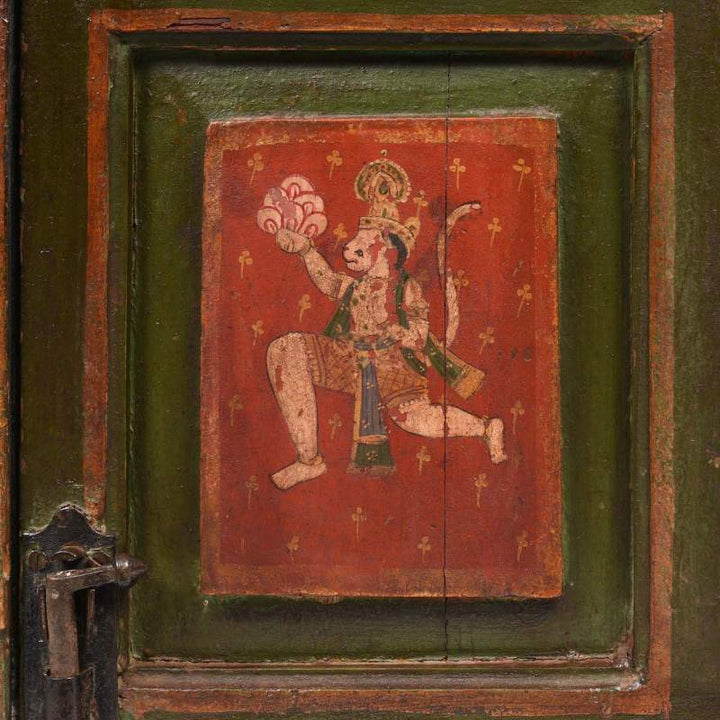 Hanuman Red & Green Painted Indian Cabinet From Bikaner - 19thC | Indigo Antiques