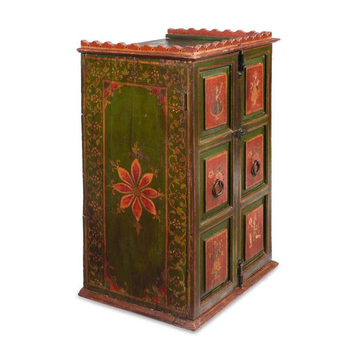 Painting detail from a green and cream painted antique Indian cabinet from Maharashtra dating from the 19th century | Indigo Antiques 