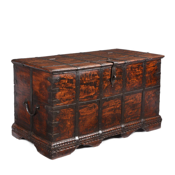 Angled View Of Iron Bound Teak Chest From Gujarat - 19thC | Indigo Antiques