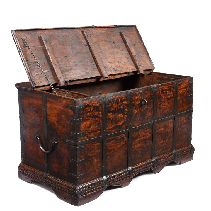 Open Lid View Of Iron Bound Teak Chest From Gujarat - 19thC | Indigo Antiques