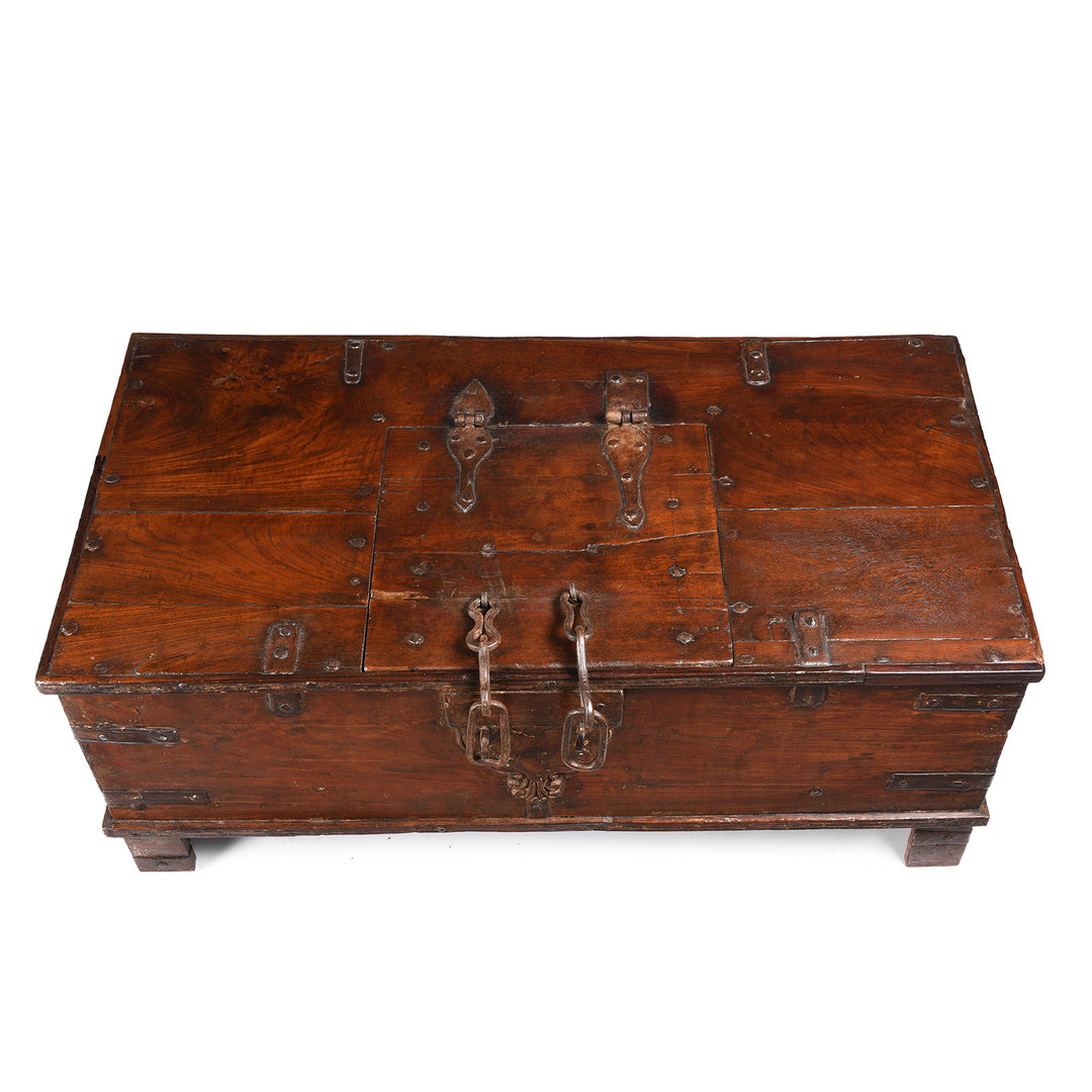 Top Down View Of Iron Bound Indian Teak Chest From Gujarat - 18thC | Indigo Antiques