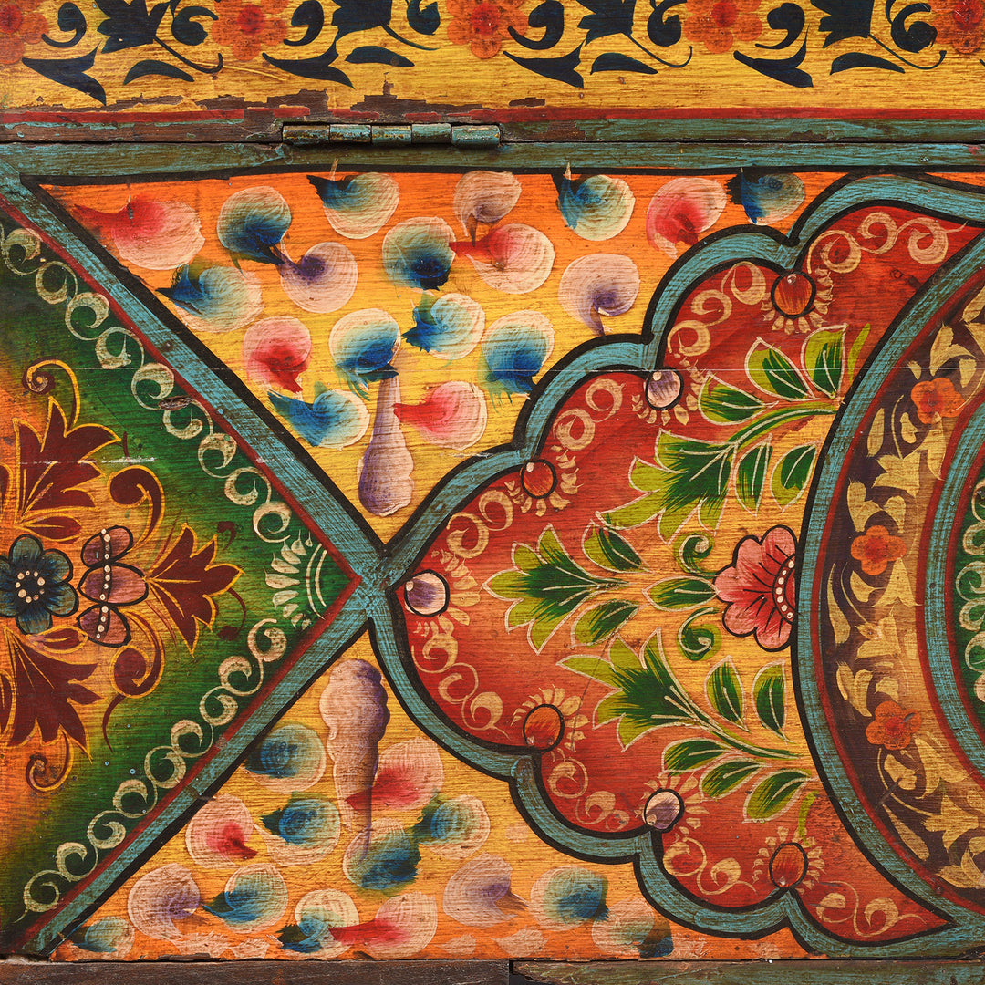Paintwork Detail From Old Teak Chest From Rajasthan with New Paint - 19thC | INDIGO ANTIQUES
