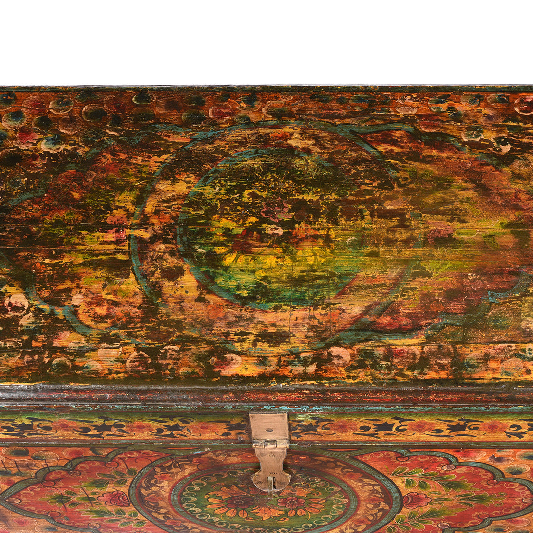 Top View Of Old Teak Chest From Rajasthan with New Paint - 19thC | INDIGO ANTIQUES