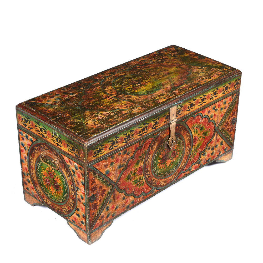 Angled View Of Old Teak Chest From Rajasthan with New Paint - 19thC | INDIGO ANTIQUES