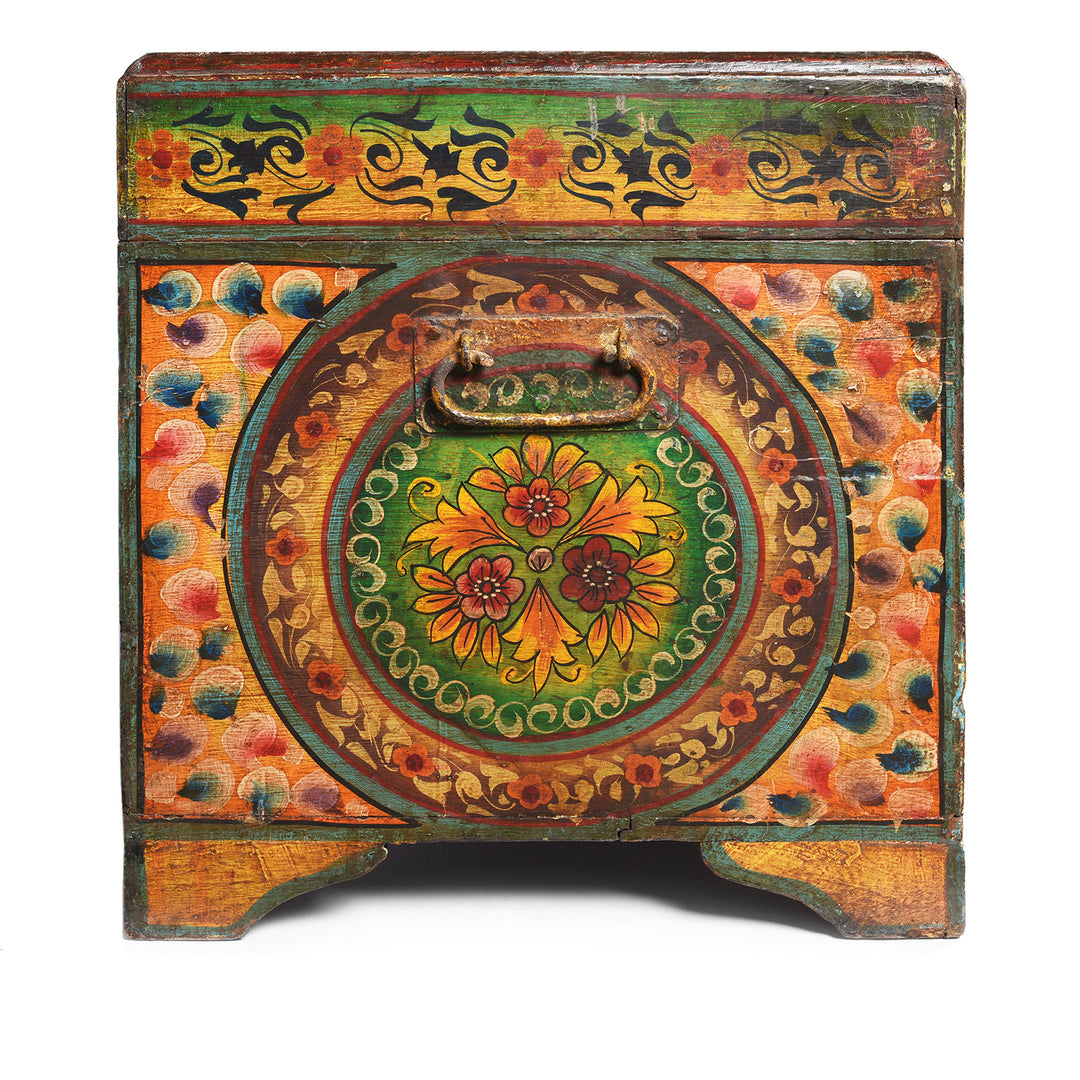 Side VIew Of Old Teak Chest From Rajasthan with New Paint - 19thC | INDIGO ANTIQUES