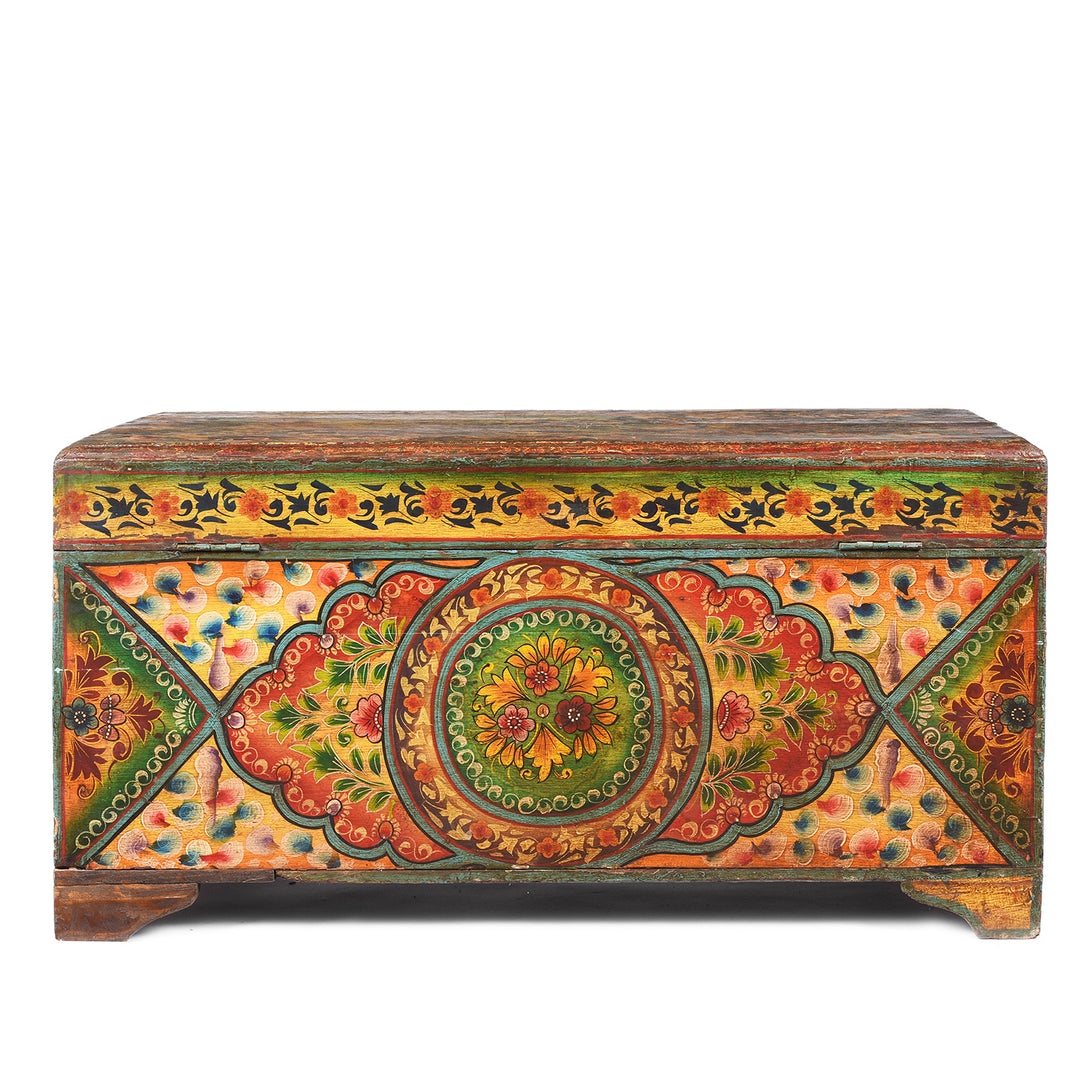 Rear View Of Old Teak Chest From Rajasthan with New Paint - 19thC | INDIGO ANTIQUES