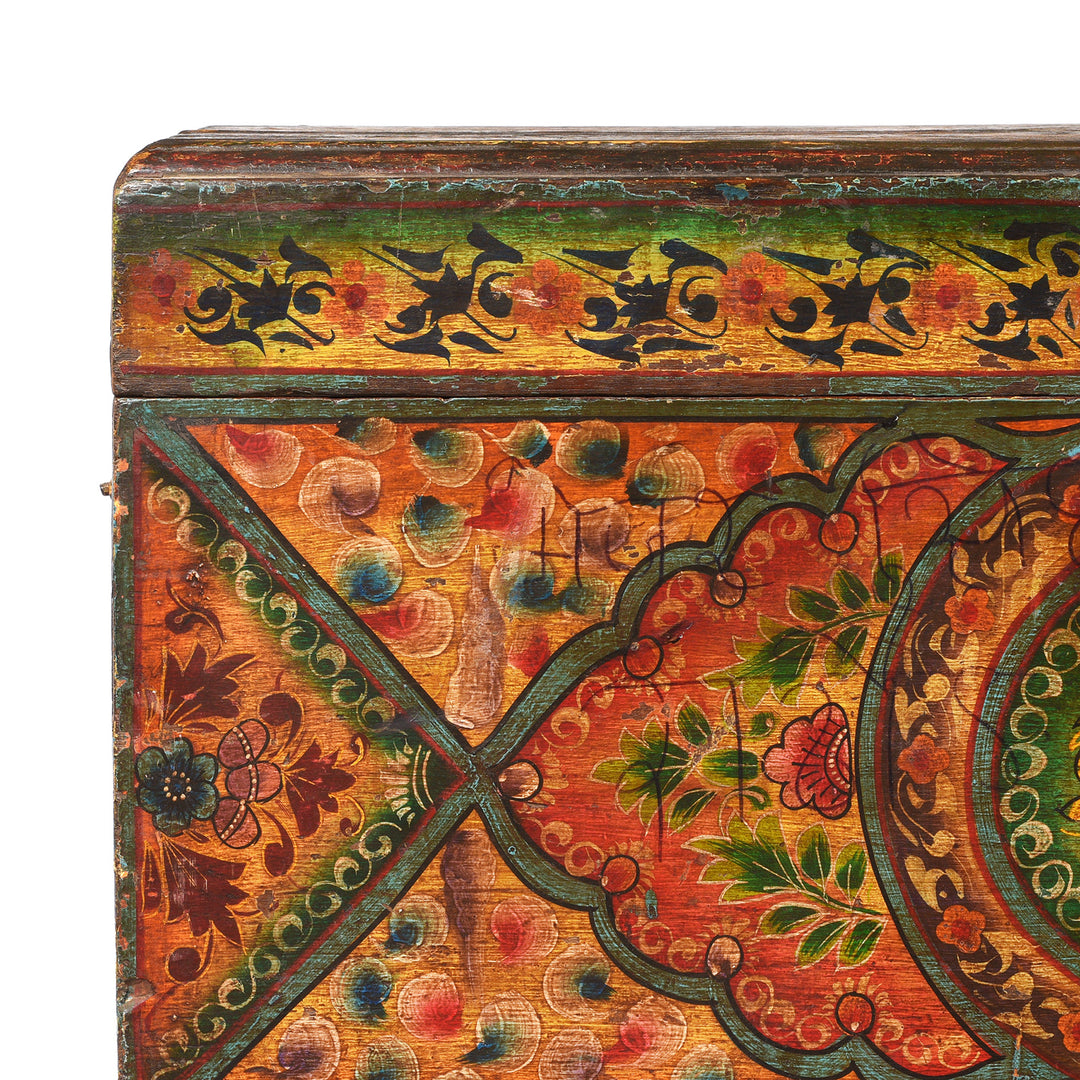Corner Detail From Old Teak Chest From Rajasthan with New Paint - 19thC | INDIGO ANTIQUES