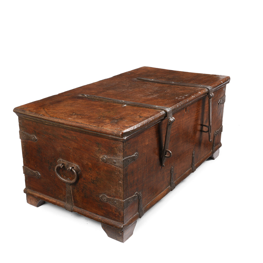 Angled View Of Iron Bound Indian Teak Chest From Gujarat - 19thC | Indigo Antiques