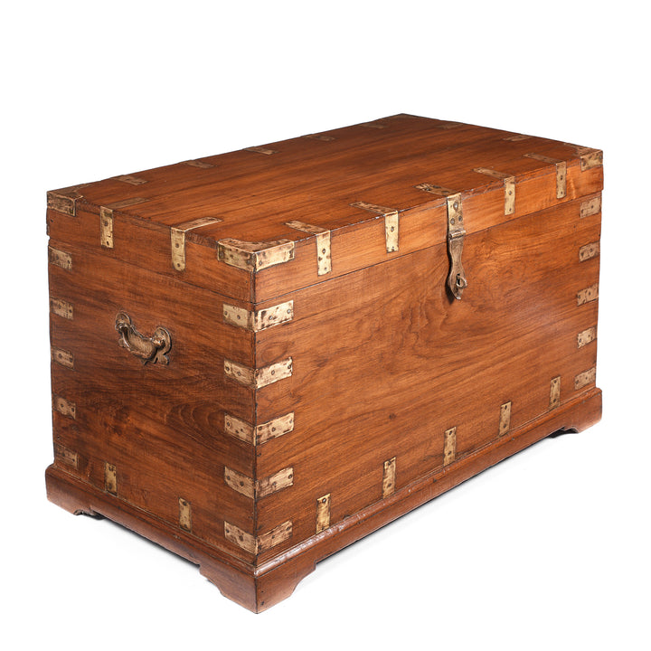 Angled View Of Brass Bound Teak Indian Military Chest From Rajasthan -19thC | INDIGO ANTIQUES