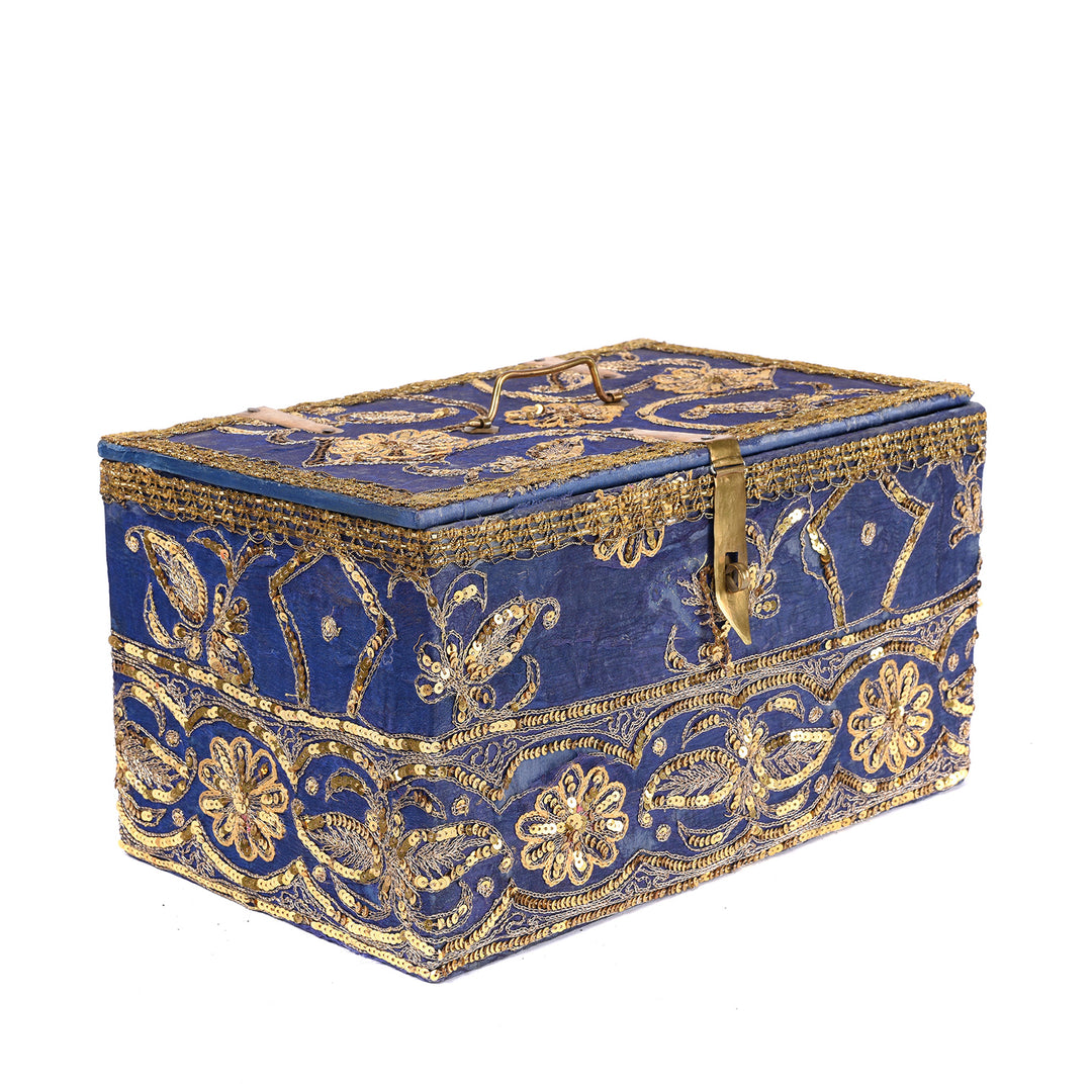 Angled View Of Vintage Blue Textile Box From Rajasthan - Ca 1950 | Indigo Antiques