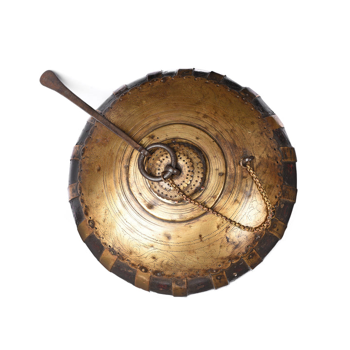 Top Down View Of Brass & Teak Indian Tobacco Pot From Rajasthan - 19thC | Indigo Antiques