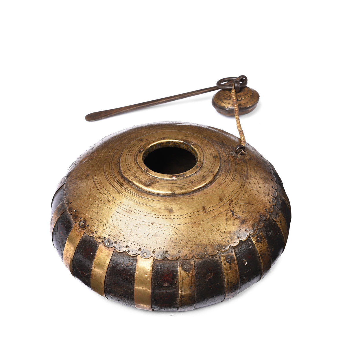 Lid Off Detail Of Brass & Teak Indian Tobacco Pot From Rajasthan - 19thC | Indigo Antiques