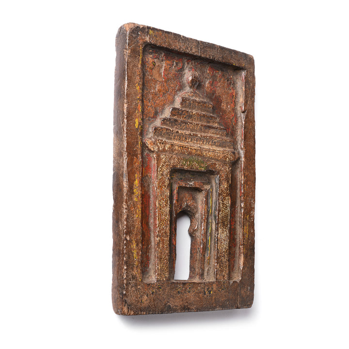 Angled View Of Antique Carved Teak Votive Panel From Andra Pradesh - 80-120 Yrs Old | Indigo Antiques