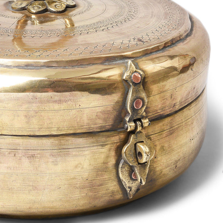 Angled View Of Brass Indian Chapati Box - Ca 1900 | Indigo Antiques