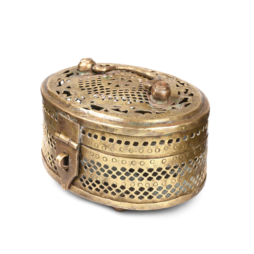 Angled View Of Brass Jali Work Paan Box From India - Early 20thC | Indigo Antiques