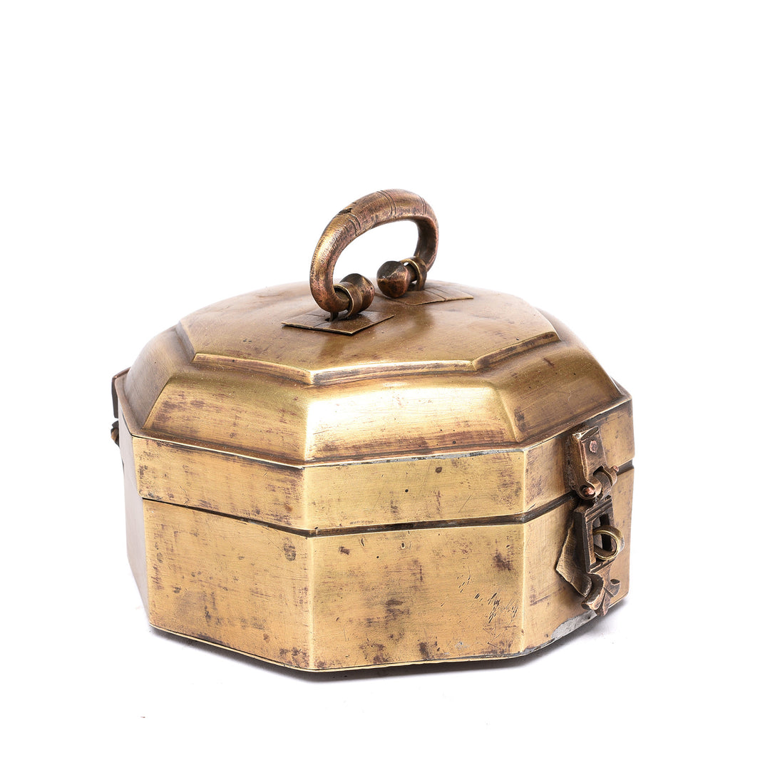 Angled VIew Of Antique Indian Brass Paan Box From Rajasthan - Early 20thC | Indigo Antiques