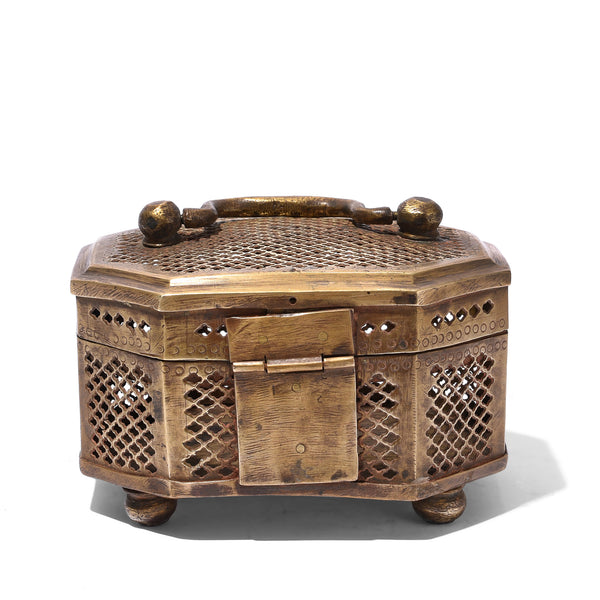 Octagonal Brass Jali Betel Box From Rajasthan - Early 20th Century